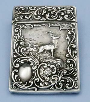 English antique silver card case with repousse stag